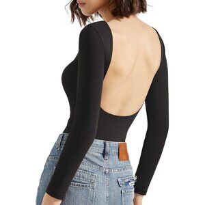 Women Backless Long Sleeve Bodysuit Double Lined Open Back Sexy Basic